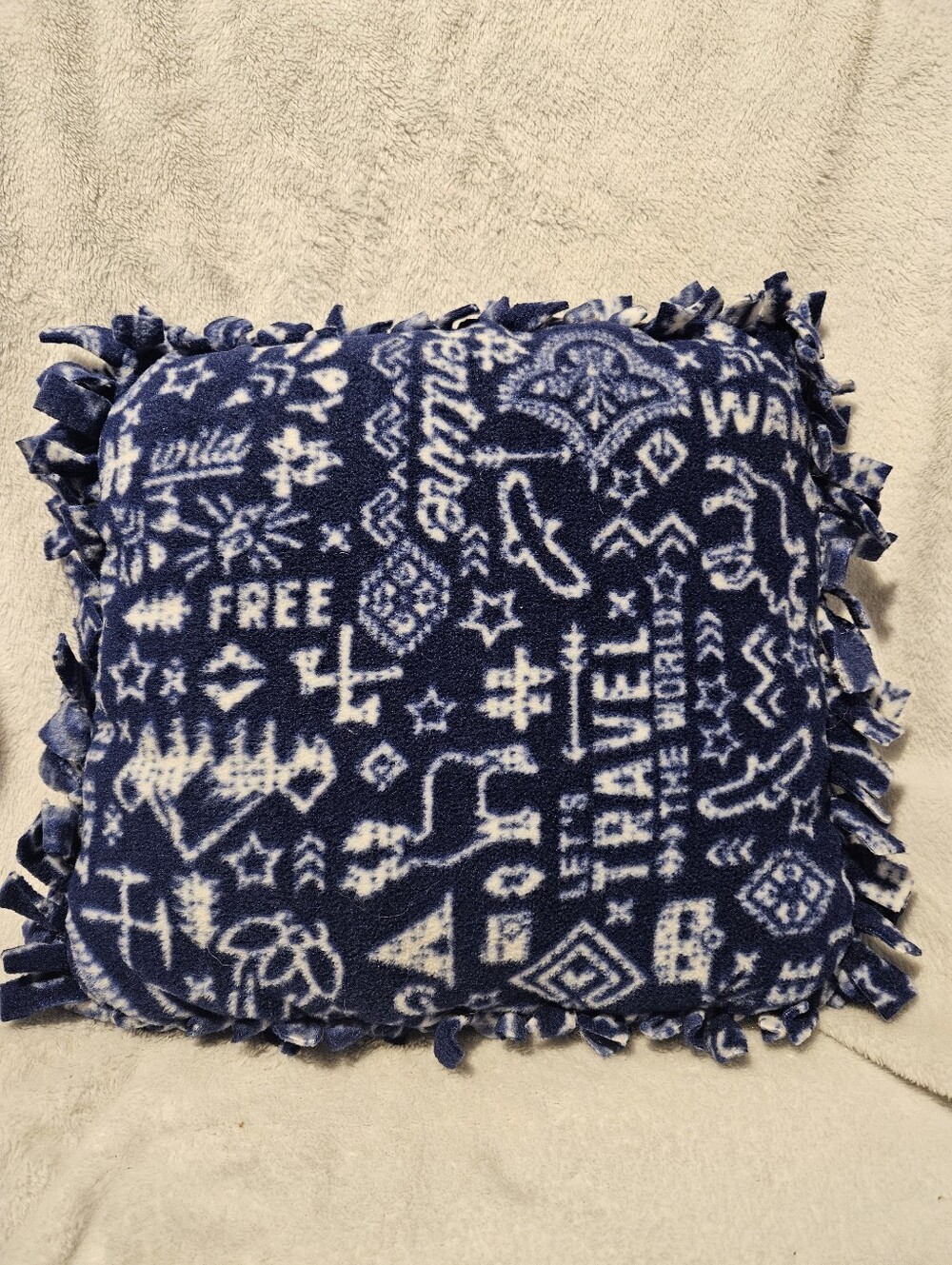 Handmade navy blue & white travel inspired fleece accent pillow. Machine Washabl
